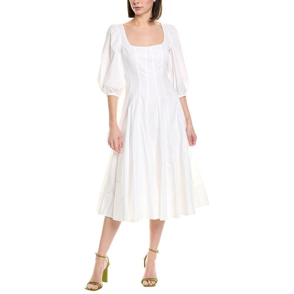 STAUD Women's White Swells Linen Blend Midi Fit & Flare Dress Size 12 NWOT